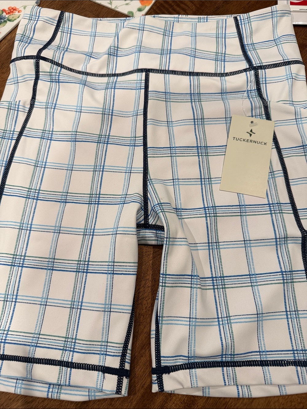 Tuckernuck White Plaid Bike Shorts with Blue Lines